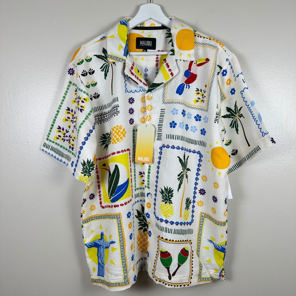 Malibu Men's XL Button Up Shirt Ecru Multi Tropical Stamp Print Travel NEW‎